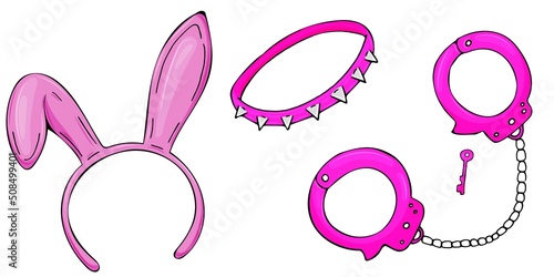 pink accessories and objects for role play in sex, set of vector elements, freehand drawing with black outline