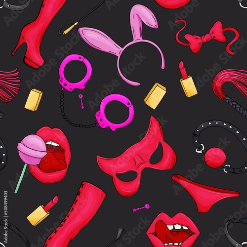 role playing accessories - handcuffs, whips, panties, female stuff, bdsm, sex shop, vector seamless pattern, freehand drawing with black outline