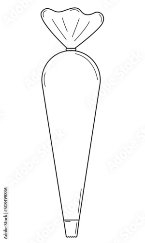 Hand drawn pastry bag. Tool for squeezing cream onto confectionery. Doodle style. Vector