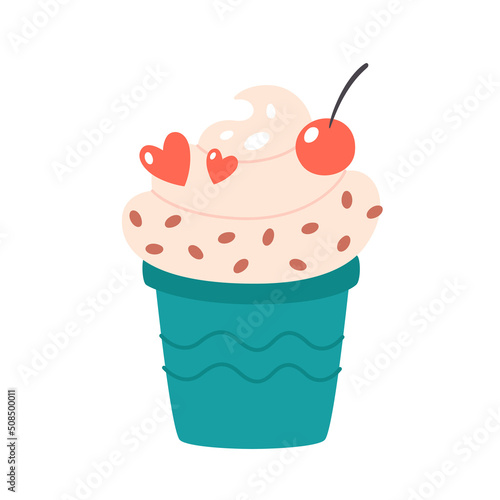 Vanilla ice cream in cup with cherry and chocolate drops. Summertime, hello summer. Hand drawn vector illustration