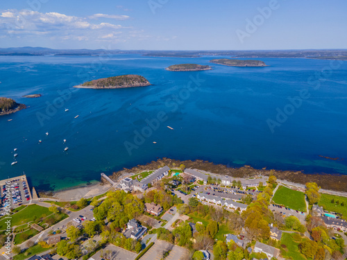 Bar Harbor historic town center on Main Street and Porcupine Islands in Frenchman Bay aerial view, Bar Harbor, Maine ME, USA. 