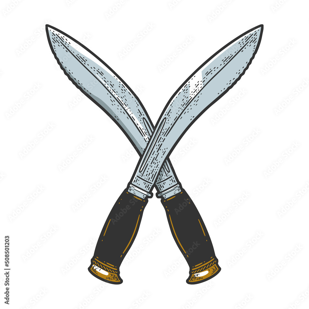 Crossed machete swords color sketch engraving vector illustration. T