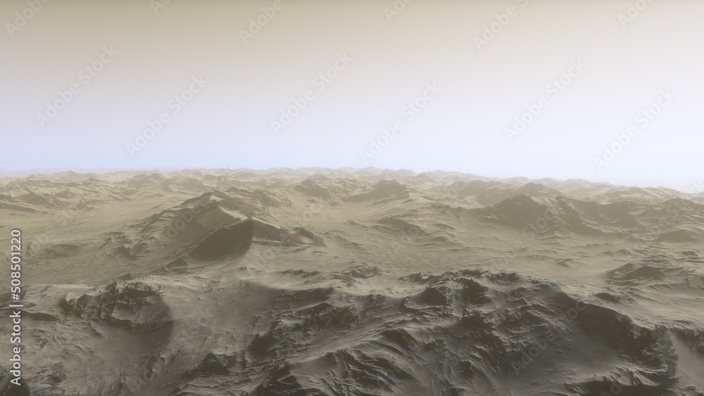 Fototapeta premium Mars like red planet, with arid landscape, rocky hills and mountains, for space exploration and science fiction backgrounds.