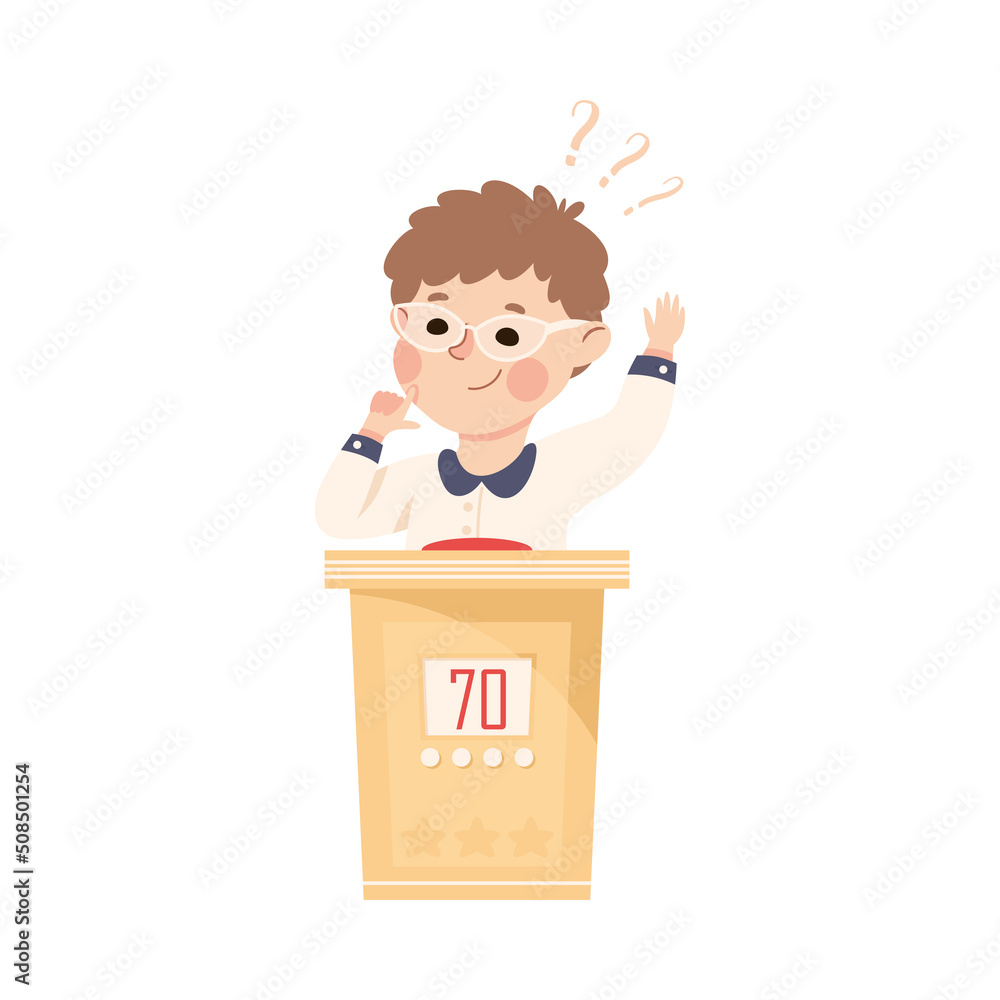 Little Boy Playing Quiz Game or Mind Sport Standing at Press Button Answering Question Vector Illustration
