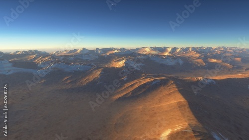 Mars like red planet, with arid landscape, rocky hills and mountains, for space exploration and science fiction backgrounds.