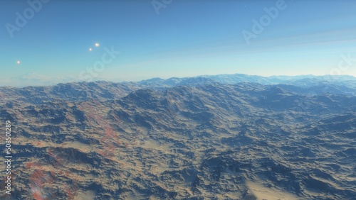 Mars like red planet, with arid landscape, rocky hills and mountains, for space exploration and science fiction backgrounds. © ANDREI