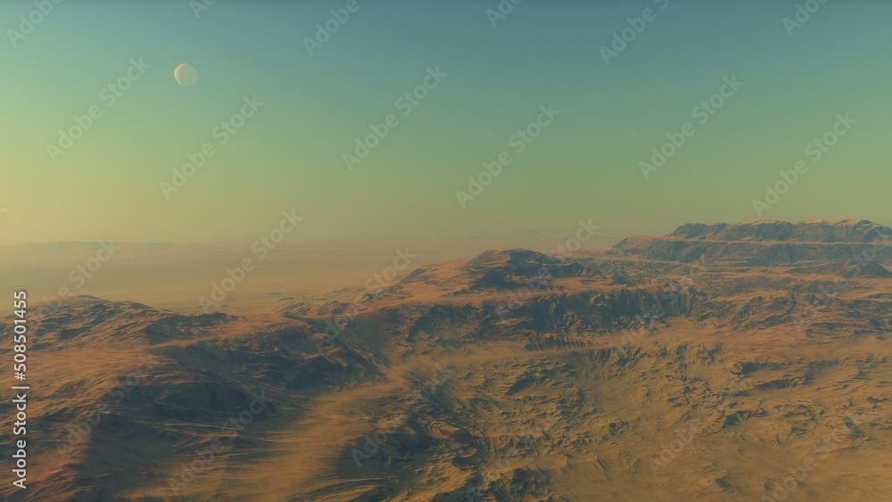 Mars like red planet, with arid landscape, rocky hills and mountains, for space exploration and science fiction backgrounds.