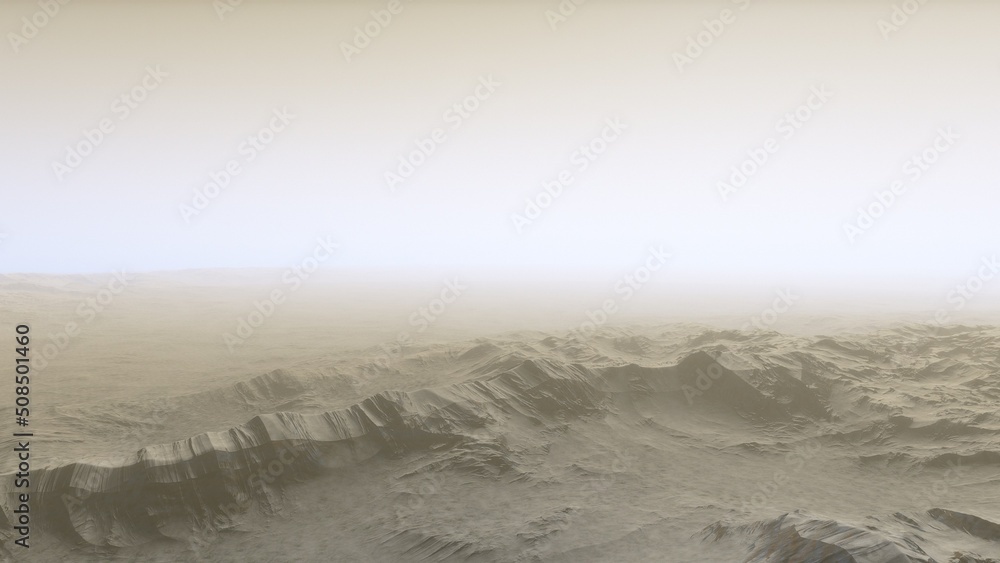 Mars like red planet, with arid landscape, rocky hills and mountains, for space exploration and science fiction backgrounds.