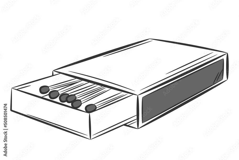 Cardboard matchbox with matches. Doodle sketch style. A simple line drawing of a box. Isolated vector illustration. Cardboard matchbox with matches. Doodle sketch style. A simple line drawing of a box. Isolated vector illustration.