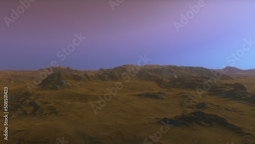 Mars like red planet  with arid landscape  rocky hills and mountains  for space exploration and science fiction backgrounds.