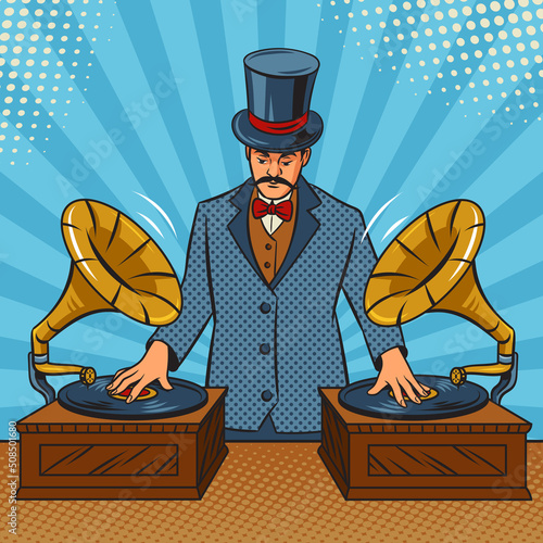Old fashioned DJ disc jockey at mixer console with vintage gramophones phonograph pop art retro vector illustration. Comic book style imitation.
