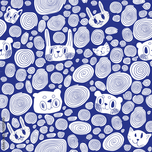 Cute doodle muzzles of cats, bunnies, bears and spirals seamless pattern

Background of repeating hand-drawn animals in children's style. For design of textiles, paper, home interior.
