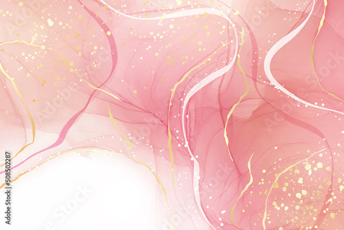 Rose pink liquid watercolor background with golden dots. Dusty blush marble alcohol ink drawing effect. Vector illustration design template for wedding invitation, menu, rsvp