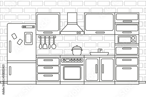 Kitchen, design with furniture, refrigerator, gas stove, microwave, kitchen utensils, extractor hood in flat style, lineart photo