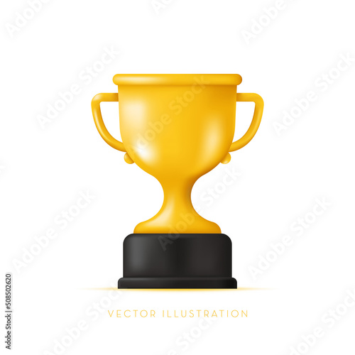 Golden Champion trophy, cup. Winner prize, sports award, success concept. Vector illustration in 3d minimal style
