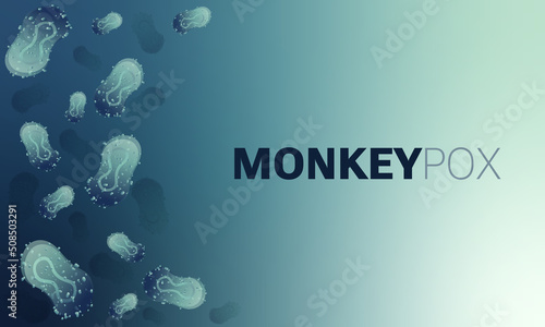 Vector illustration of Monkeypox virus cells outbreak medical banner. Monkeypox virus cells on white sciense background. Monkey pox microbiological vector background, flyer or poster photo