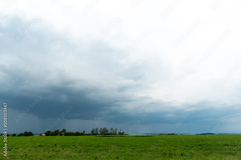 A beautiful thundercloud with rain hovered over a field of wheat. A terrible black cloud on the eve of a tornado and a natural disaster. A hurricane in the countryside. A beautiful thundercloud with rain hovered over a field of wheat. A terrible black cloud on the eve of a tornado and a natural disaster. A hurricane in the countryside.
