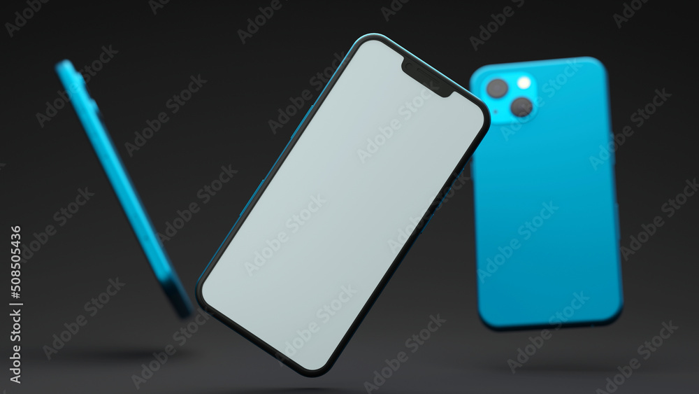 Elegant Blue Phone in Motion Mockup. 3d Render, Dark Background. Elegant Blue Phone in Motion Mockup. 3d Render, Dark Background.
