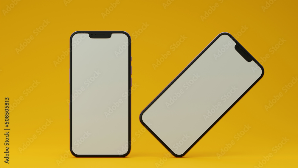 Two Phones on a Yellow Background Mockup. 3d Render, modern design Two Phones on a Yellow Background Mockup. 3d Render, modern design
