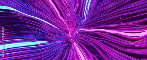 Glowing abstract knot made of neon cables. Intertwining stream of purple 3d render blue wires twisted into network. Futuristic digital communication lines with constant movement and overload