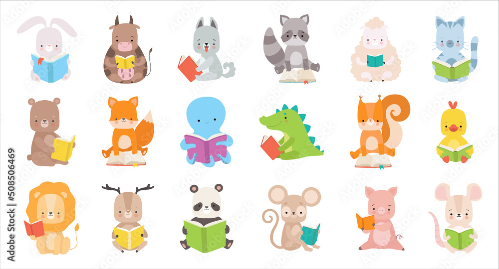 Cute Animals Reading Book in Hard Cover Enjoying Interesting Story Big Vector Set Cute Animals Reading Book in Hard Cover Enjoying Interesting Story Big Vector Set
