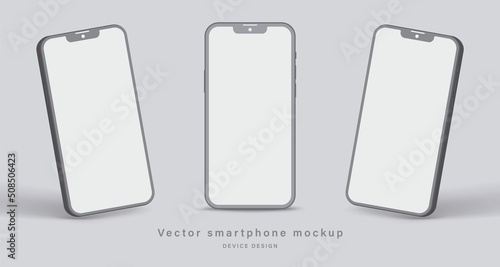 smartphone clay mockup with blank screen in different angles view isolated on grey background. minimalist mobile phone with shadow for application design presentation. vector 3d isometric illustration