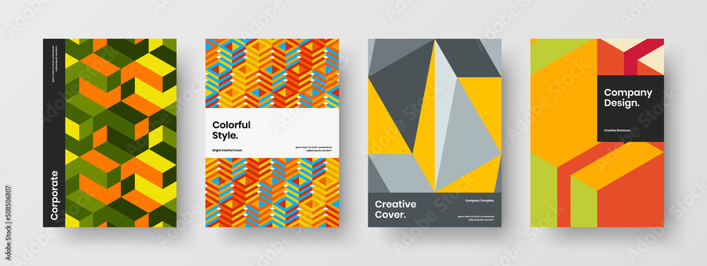 Colorful cover A4 design vector illustration set. Trendy geometric pattern banner concept collection.