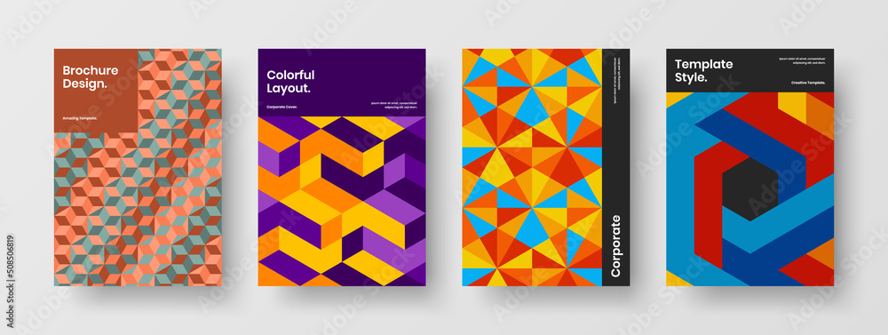 Abstract front page A4 design vector illustration set. Original mosaic shapes banner concept collection.