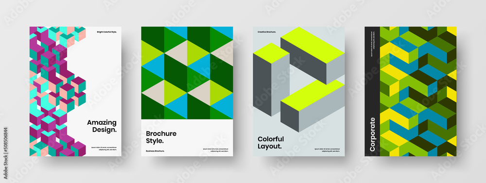 Bright corporate brochure A4 design vector concept set. Vivid geometric pattern booklet layout collection.