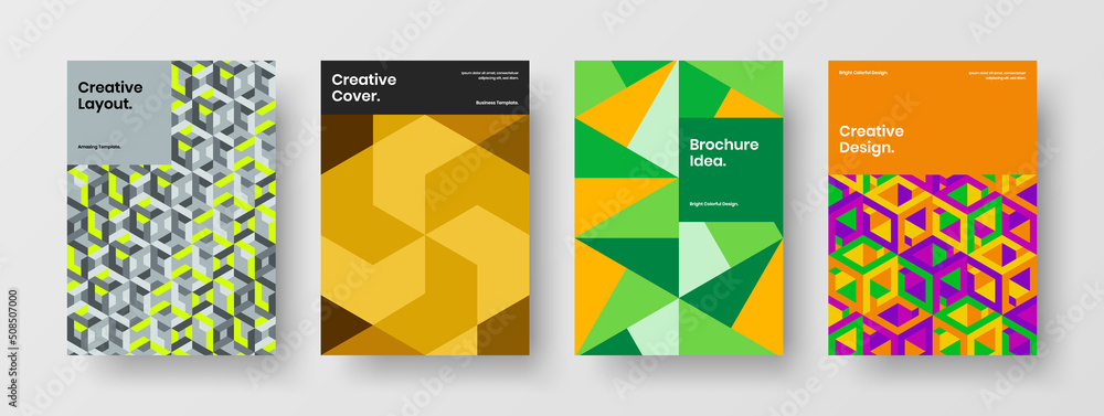 Fresh company identity vector design template composition. Vivid geometric shapes journal cover layout set.