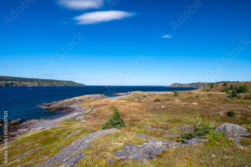 A hiking trail along the ocean with waves crashing on the jagged rocks. The calm water and sky are blue with white clouds. There are trees, rocks, grass, and eroding cliff along the edge of the ocean.