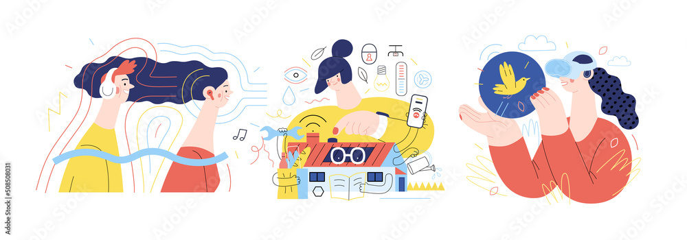 Naklejka premium Technology Memphis illustrations -modern flat vector concept digital illustration on Music Streaming, Intelligent Building, Virtual Reality. Creative landing web page set