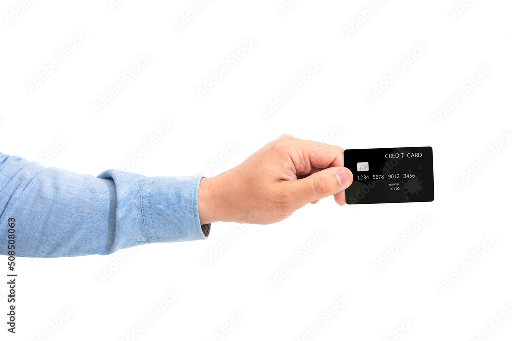 Male hand holding bank card isolated on white background Male hand holding bank card isolated on white background