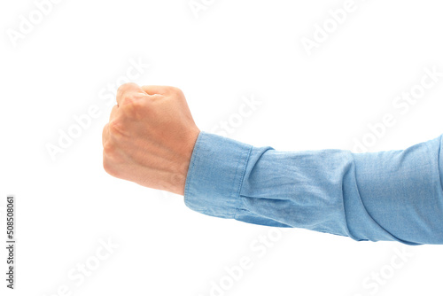 Human hand isolated on white background. Male fist close up photo
