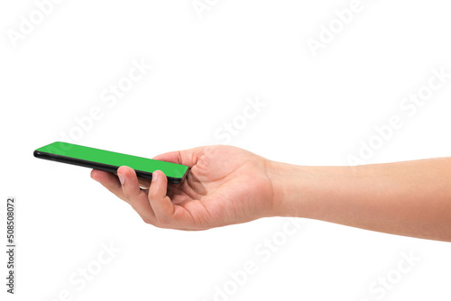 Male hand holding mobile phone isolated on white background