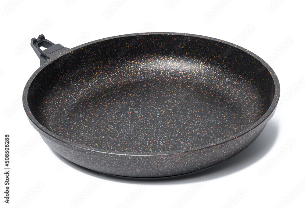 Empty black round metal plate with non-stick coating isolated on white background Empty black round metal plate with non-stick coating isolated on white background
