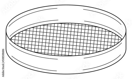 Hand drawn sieve for sifting flour. Tool used in bakery and cooking. Doodle style. Vector