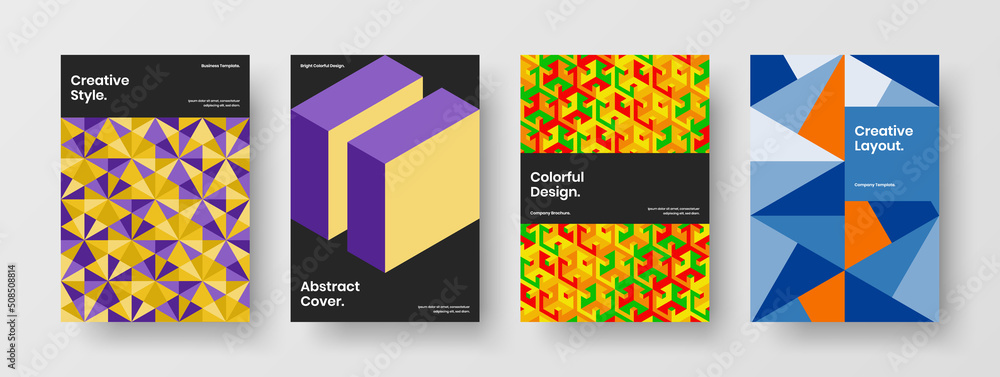 Unique geometric hexagons flyer layout composition. Isolated front page vector design illustration bundle.