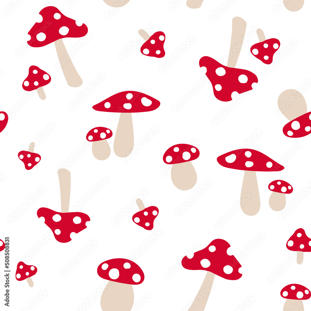 Seamless vector repeat pattern tile with red mushrooms. Simple fly agaric, amanita muscari shroom toss print Seamless vector repeat pattern tile with red mushrooms. Simple fly agaric, amanita muscari shroom toss print
