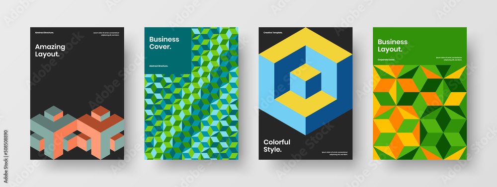 Minimalistic booklet vector design concept set. Clean mosaic hexagons journal cover layout bundle.