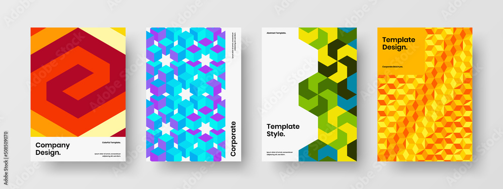 Fototapeta premium Minimalistic mosaic pattern poster concept set. Creative company brochure design vector layout collection.
