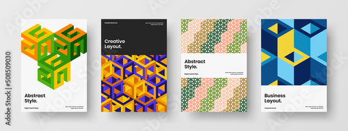 Creative geometric tiles front page illustration composition. Colorful postcard design vector template set.
