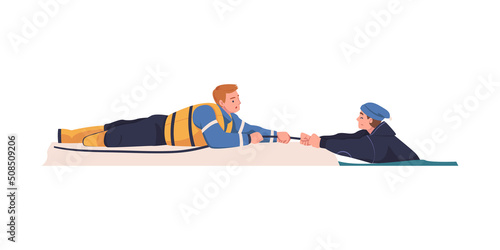 Man Character Pulling Rope with Guy from Water as Rescue and Life Saving Emergency Operation Vector Illustration