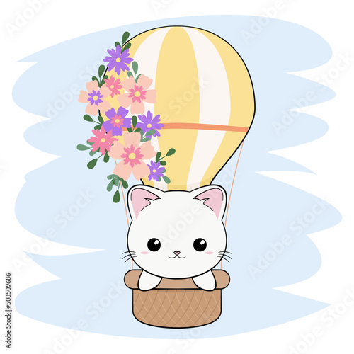 Mały uroczy biały kotek w powietrznym balonie. Ręcznie rysowana ilustracja. Słodki zabawny zwierzak.