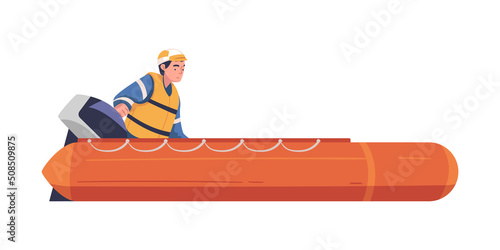 Man Rescuer in Orange Vest on Sailing Boat Engaged in Life Saving Operation Vector Illustration