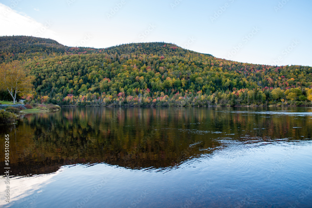 The edge of a pond with tall green and orange colored trees. The autumn forest and deep blue sky are reflected in the calm blue pond water. There's a light mist on the water along the riverbank.