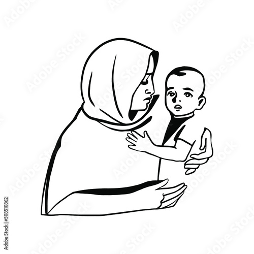 Muslim woman in abaya and child. Hand drawn mother with little boy. Sketching isolated illustration.