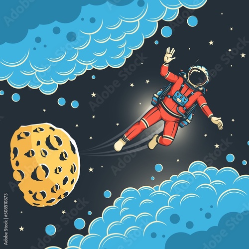 Astronaut flies in space among swirling clouds. Spaceman and moon in comic style. Planet with craters. Vector illustration.