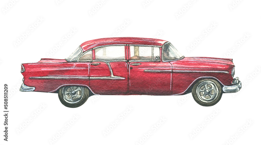 Retro car, red, side view. Watercolor illustration. An isolated object from a large set of CUBA. For decoration, design and composition of compositions, posters, postcards, stickers, prints souvenirs Retro car, red, side view. Watercolor illustration. An isolated object from a large set of CUBA. For decoration, design and composition of compositions, posters, postcards, stickers, prints souvenirs