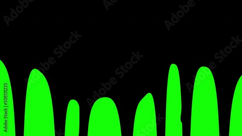 Black paint drips on green screen background. Dark liquid flowing down the surface in streams, melting drops forming streaks. CG animated outro with chroma key.